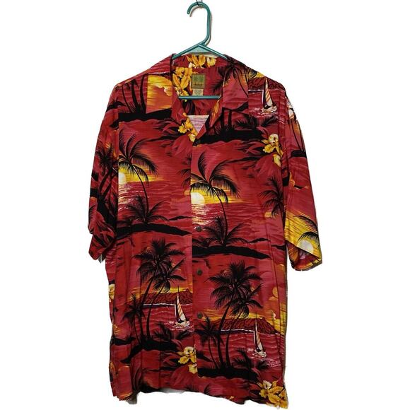 Mens Hana Bay Hawaiian Shirt Island Tropics XL 100% Rayon Red Palm Trees Boats - Picture 1 of 10